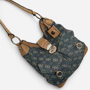 Vintage Guess Denim and Tan Monogram Shoulder Bag